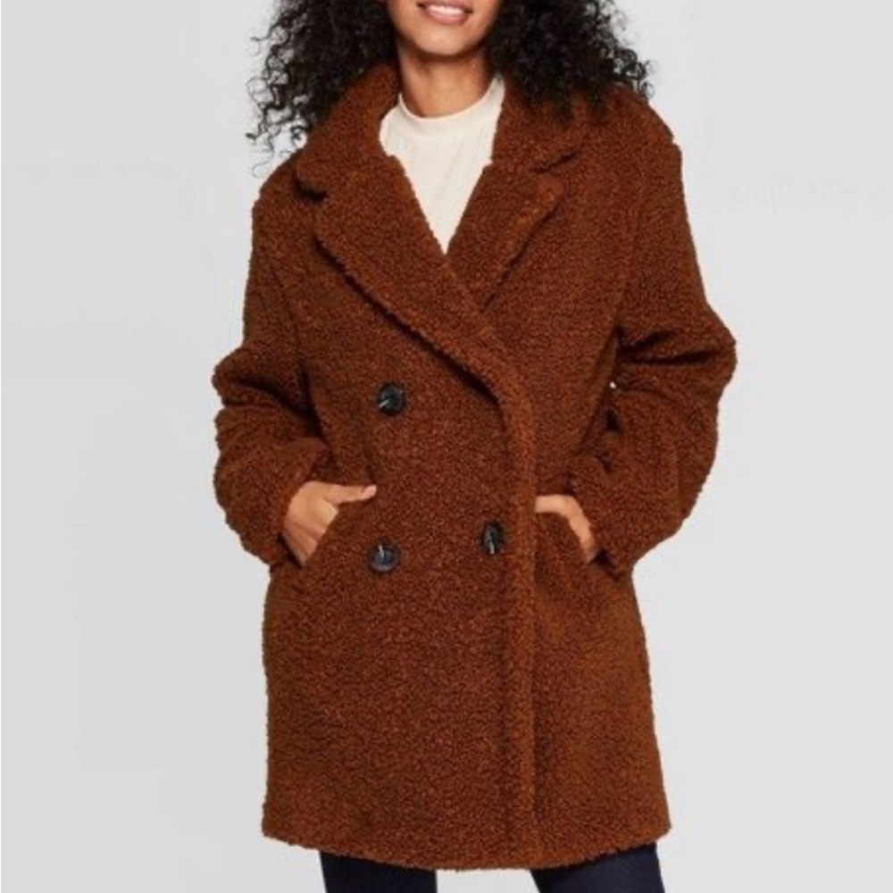 A New Day Sherpa teddy jacket coat peacoat faux fur shearling
